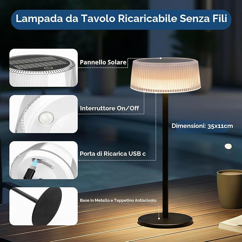 Lampada da Tavolo Senza Fili, Lampada da Tavolo LED Solare Ricaricabile — foto 7 di 7