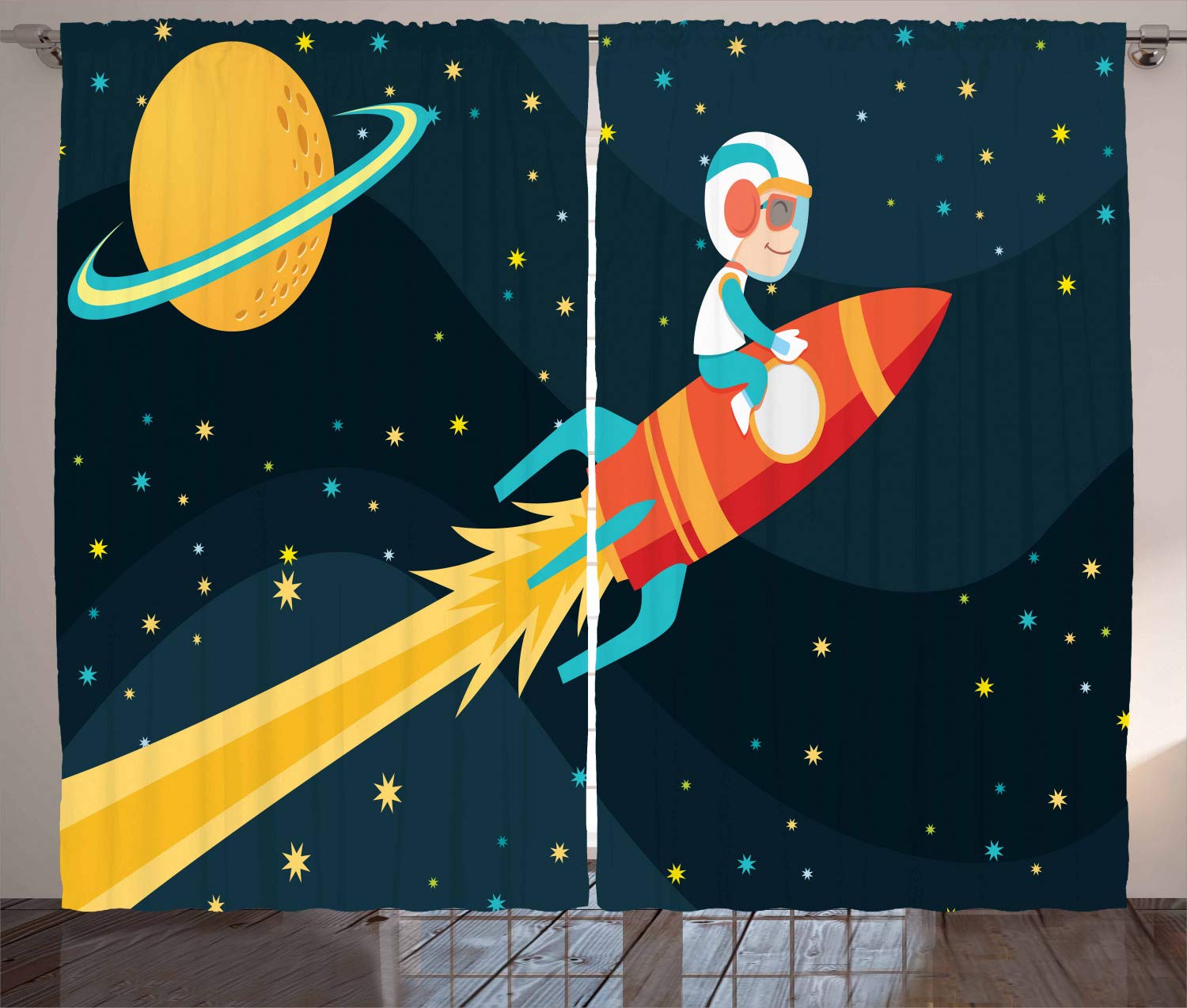 ABAKUHAUS Rocket Curtains, Boy Riding Rocket in Space Childish Journey Exploring Universe Theme, Living Room Bedroom Window Drapes 2 Panel Set, 96 L X 110 W, Dark Petrol Blue Yellow