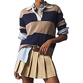 Womens Striped Sweater Shirts Lapel Polo V Neck Long Sleeve Strip Knit Pullover Casual Layer Top Jumper Y2K Shirt