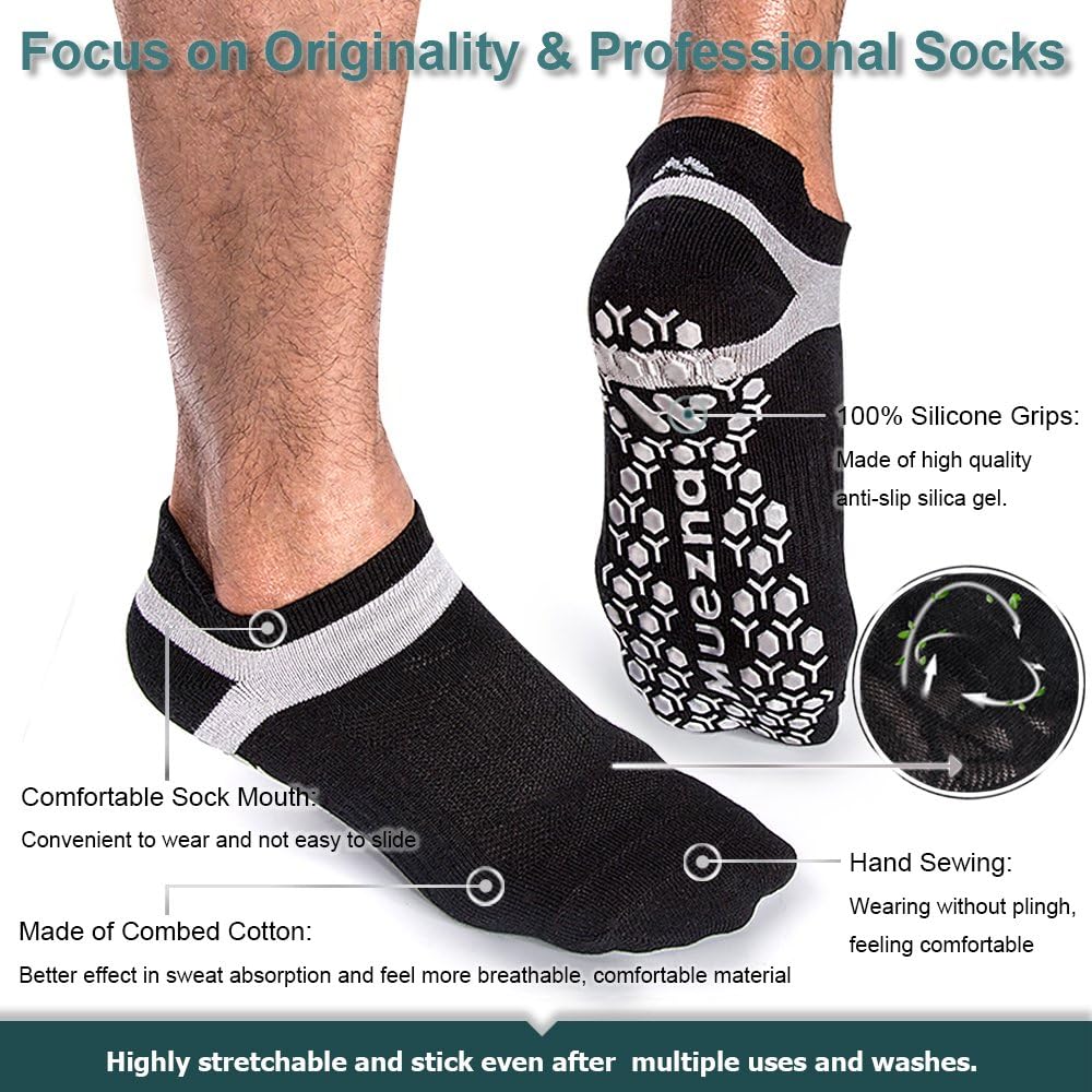 Muezna Men's Non-Slip Yoga Socks, Anti-Skid Pilates, Barre, Bikram Fitness Hospital Slipper Socks with Grips : Clothing