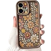 Lovmooful Compatible for iPhone 16 Case Aesthetic Cute Color Flower Floral Leaf Design for Girls Women Soft TPU Shockproof More Protective Girly for iPhone 16 Case-Brown
