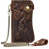 Yevabo Vintage Full Grain Genuine Leather Long Wallet, Dragon Embossed Large Capacity Clutch Wallet with Anti-Theft Chain, Card Holder Zipper Coin Purse for Men, Brown
