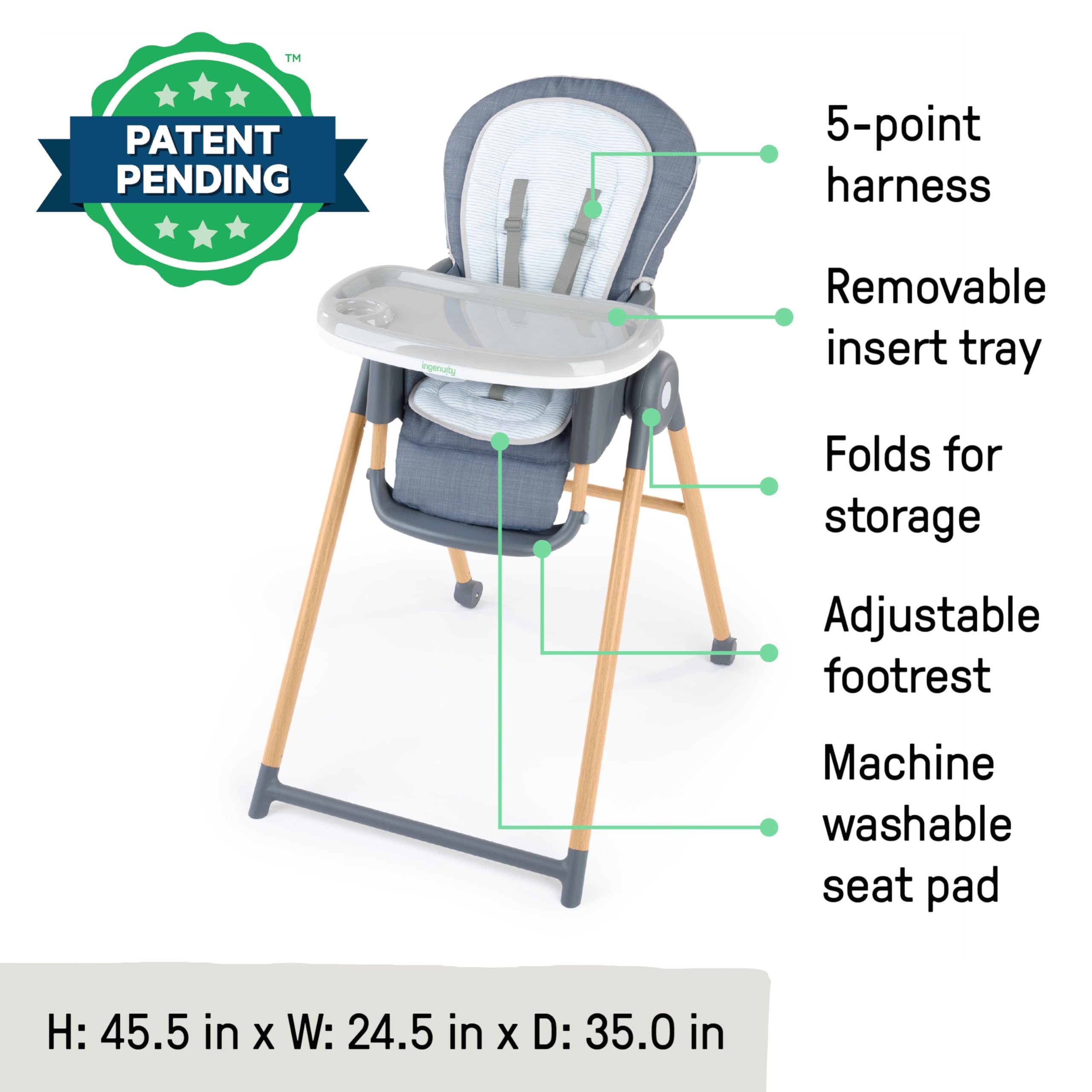 Ingenuity Proper Positioner Deluxe High Chair - 7-in-1 Convertible Baby Seat, Faux Wood Print Legs, Unisex, for Ages 0-36 Months