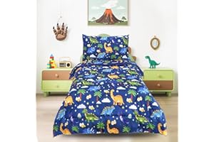 Hooyax Toddler Bedding Set for Boys - 4 Piece Dinosaur Toddler Comforter Set Includes Fitted Sheet, Comforter, Pillowcase & Flat Sheet - Soft Comfort Microfiber for All Seasons