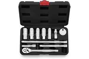 EMENTOL 11PCS 3/8" Drive Socket Accessory Set, SAE/Metric, 6 Point Spark Plug Sockets, Universal Joint, Extension Bar, Ratchet Wrench, Spark Plug Gap Gauge