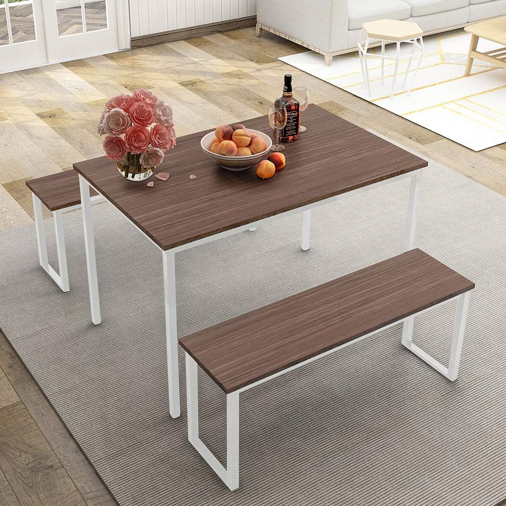 Recaceik 3-Piece Dining Table Kitchen Table Set Modern Studio Dinings Table with Two Benches MDF Board Dining Room Furniture and Metal Frame Cafeteria, Apartment and Farm House