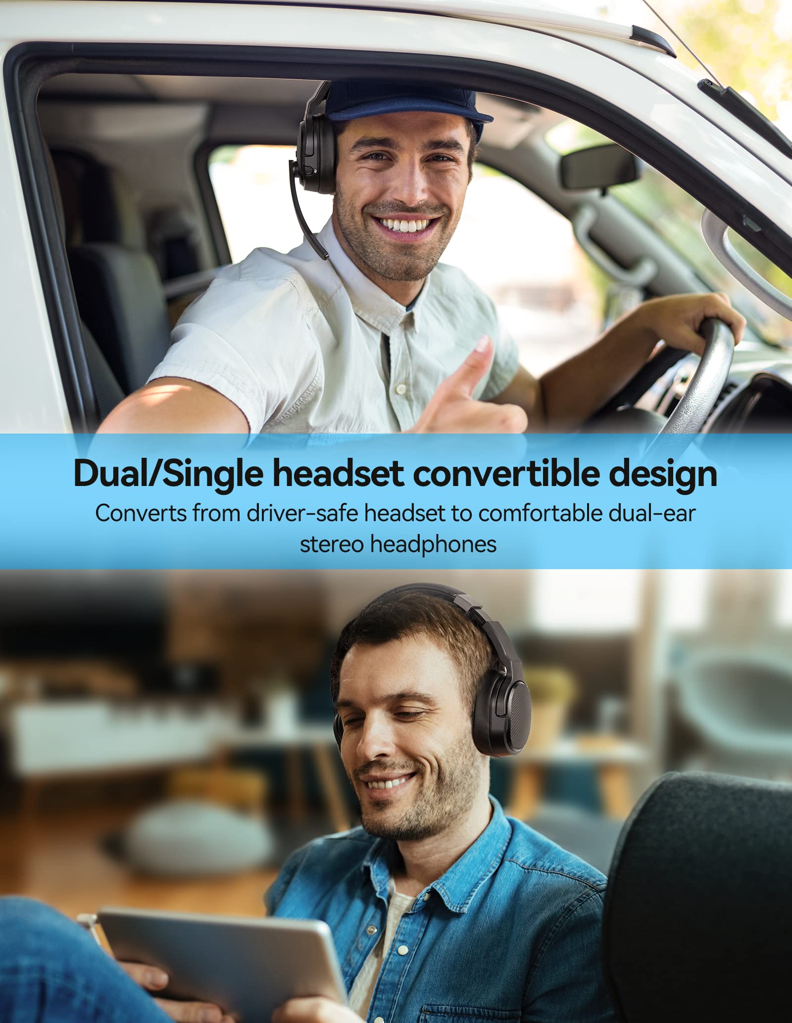 TECKNET Bluetooth Trucker Headset, Single and Dual Ear Wireless Headset with Mic for Work Noise Cancelling, 50Hrs 3 EQ Music Modes Trucker Bluetooth Headphones for PC, Drivers, Office, Call Center