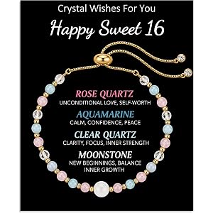 Everembrace 13th 14th 16th Birthday Natural Crystal Stones Bracelet Gifts, Rose Quartz Aquamarine Clear Quartz Moonstone Jewe