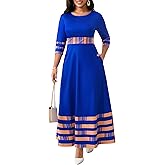 FANDEE Casual Maxi Dresses for Women Elegant 3/4 Sleeve Round Neck Africa Print Church Dress with Pocket