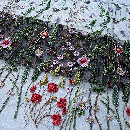 Lace Fabrics 47" Handmade Heavy Beaded Mixed Colors on White/Black Netting Embroidered Dress Embroidery by The Yard (on Black net)