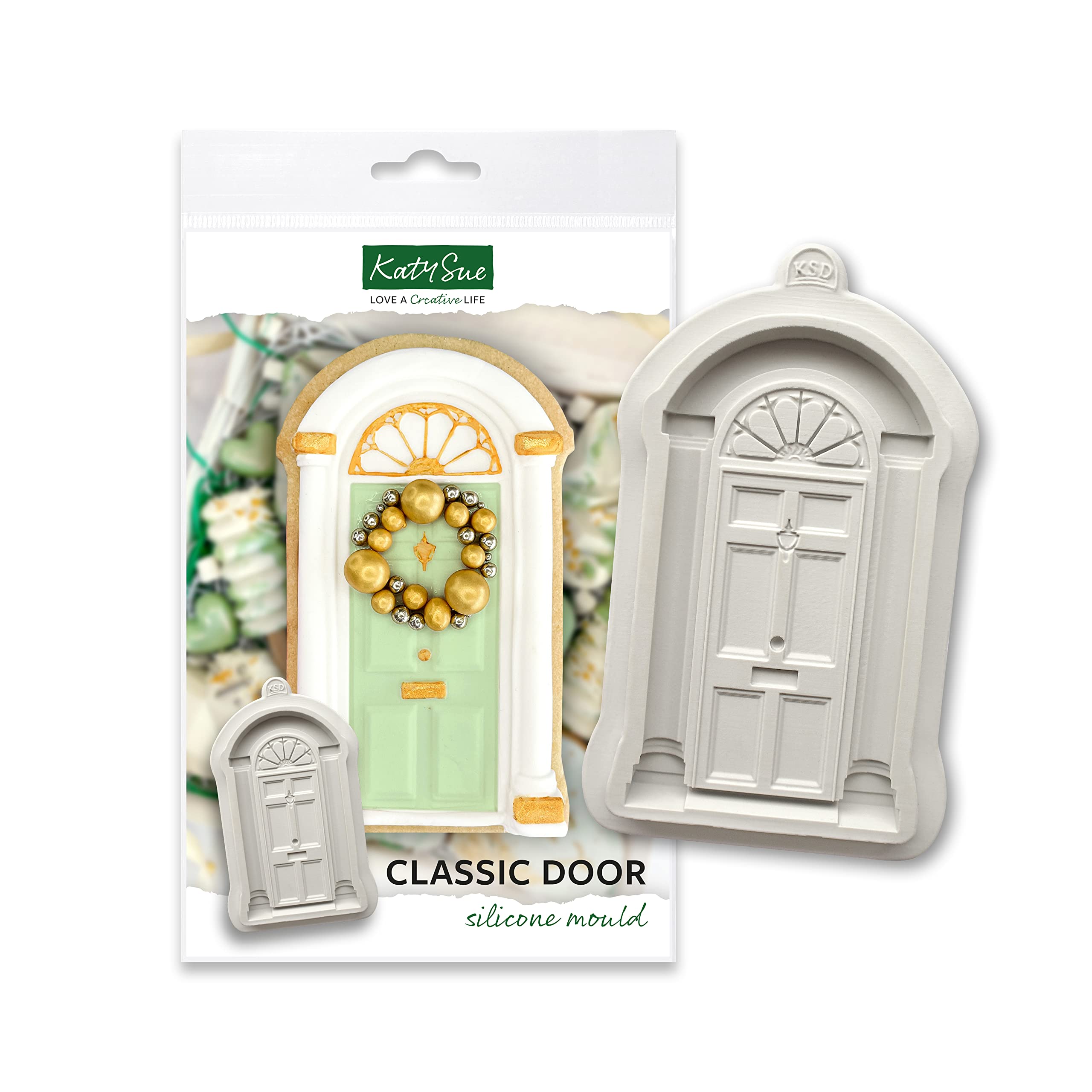 Katy Sue Classic Door Silicone Mould for Cake Decorating & Craft. Door is 118 Tall x 60 Wide x 8 Deep in Millimetres. Use with Fondant, Sugar Paste, Air Dry & Polymer Clay by Katy Sue Moulds. UK-Made.