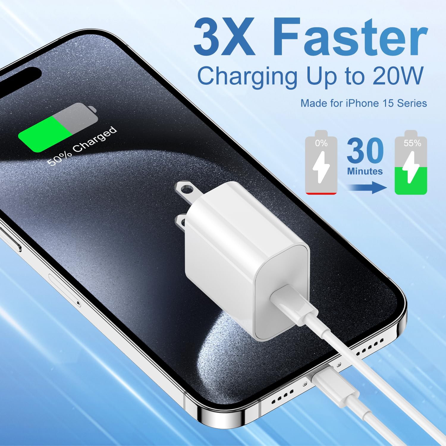 iPhone 15 Fast Charger and 10ft Type C to C Cable Cord Long, 20W USB C Charging Block for Apple iPhone 15 Plus/15 Pro Max/iPad Pro Wall Plug Power Adapter Cube Brick 12.9/11 inch/Air 4th/6 Gen/Mini