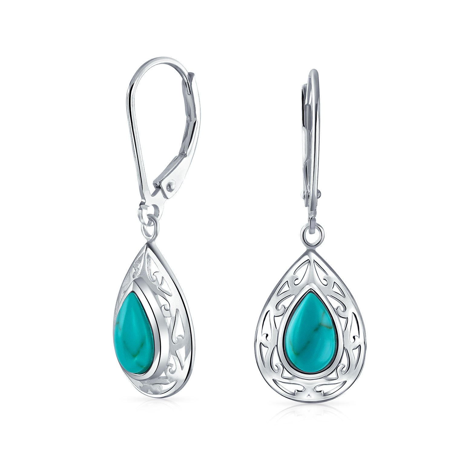 Western Style Blue Stabilized Turquoise Pear Shaped Lever Back Scroll Filigree Teardrop Drop Dangle Earrings For Women .925 Sterling Silver — image 1
