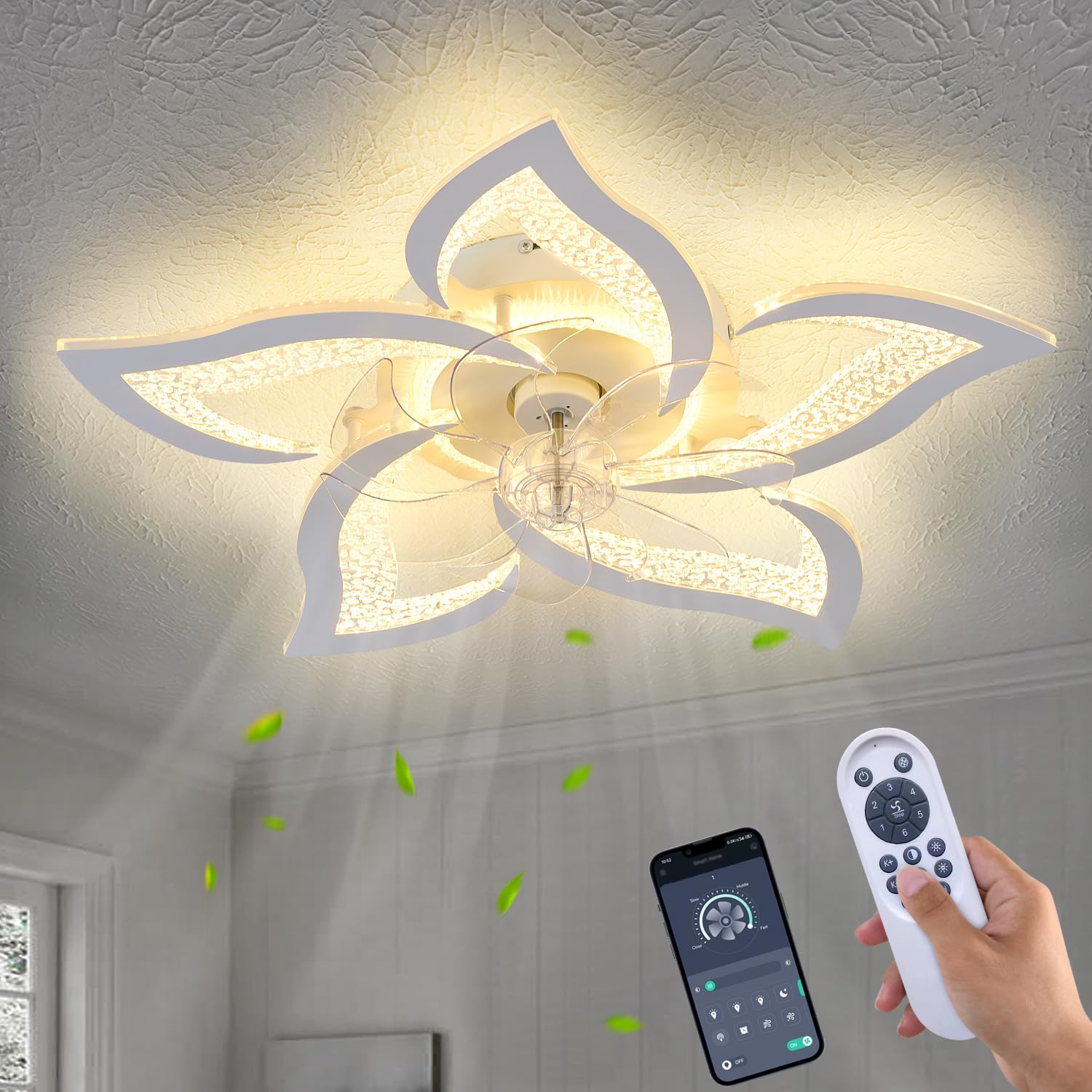 Photo 1 of haodengshi 27" White Geometric Ceiling Fan with Light Remote Control, 3 Light Color 6 Speeds Flush Mount Low Profile Ceiling Fan with Light for Bedroom Kitchen