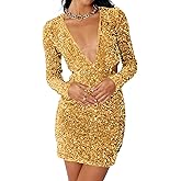R.Vivimos Womens Glitter Sequin Party Dresses Fall Winter Long Sleeve Sexy Deep V Neck Cut Out Sparkly Club Velvet Mini Dress