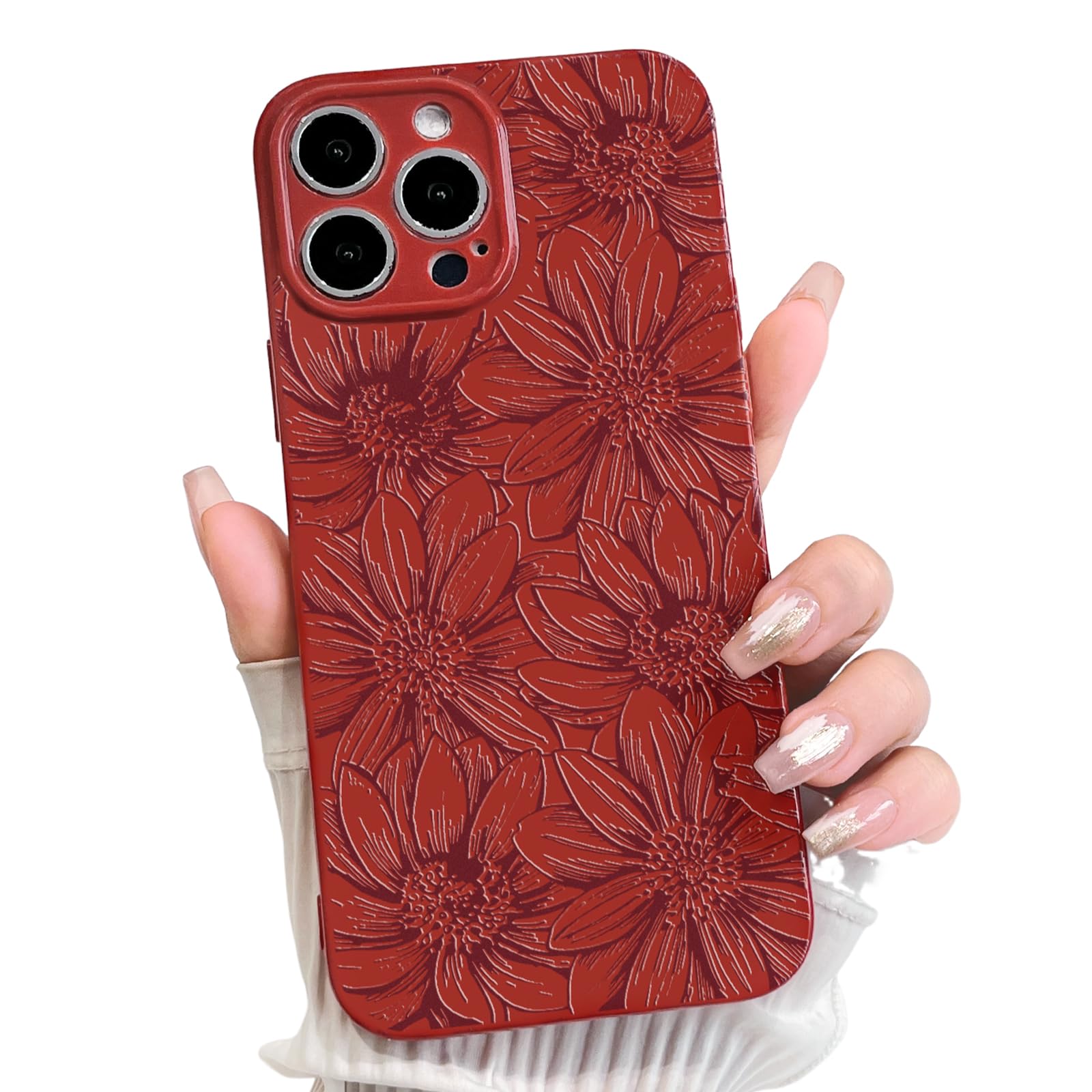 Photo 1 of NITITOP Compatible with iPhone 14 Pro Max Case Silicone Cute Flower Floral Sunflowers Pattern for Women Girl Trendy Slim Fit TPU Silicone Shockproof Full Camera Protection Cover - Wine Red