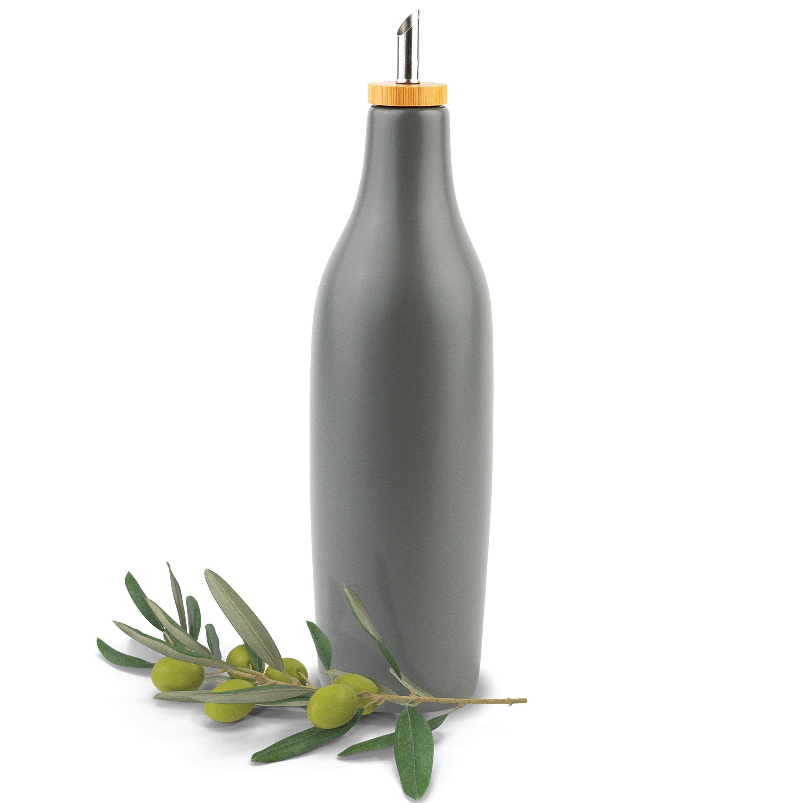 Photo 1 of kitchentoolz Olive Oil Stoneware Dispenser Bottle, Ceramic 16 Oz Container for EVOO or Vinegar Kitchen Counter, Pewter Gray