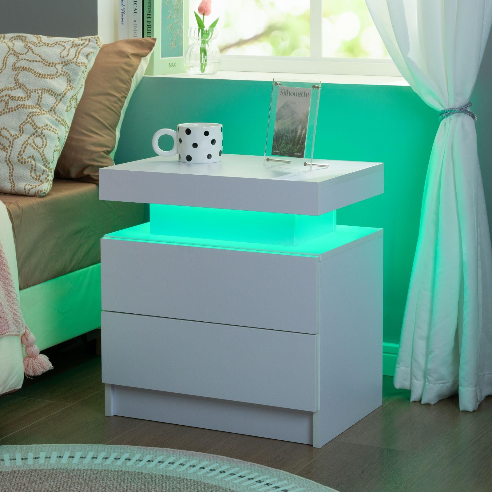 i-aplus LED Night Stand White Nightstand with 2 Drawers Modern Beside Table for Bedroom Side Bed Table with LED Lights