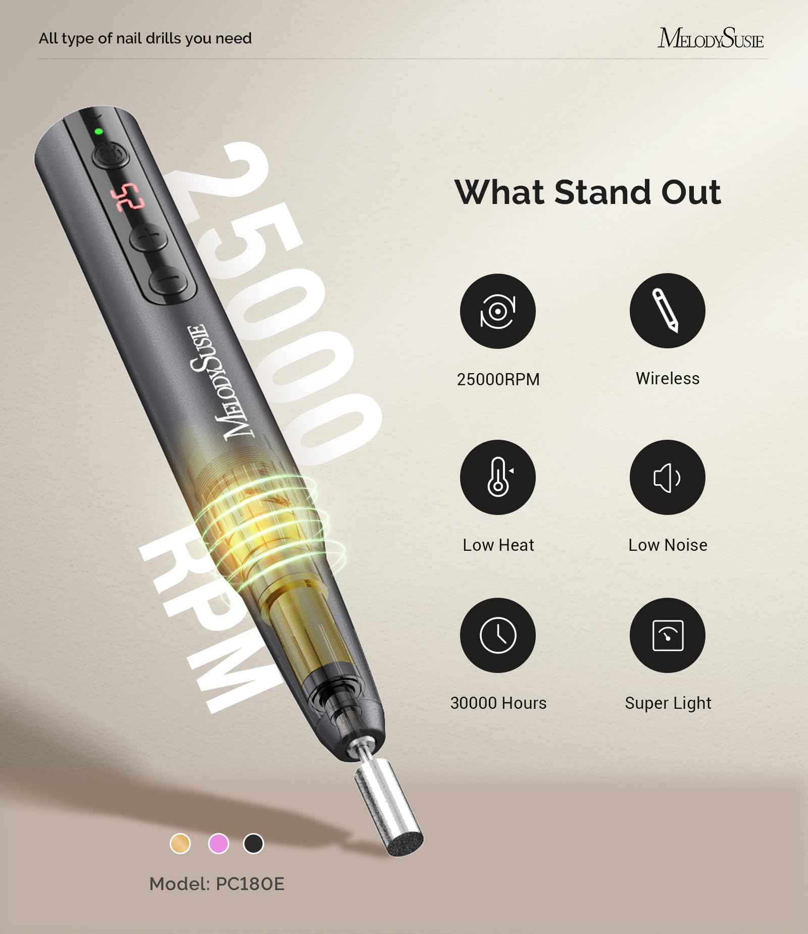 MelodySusie Professional Cordless Electric Nail Drill：PC180E Rechargeable Portable 25000RPM Nail Efile for Acrylic Gel Dip Powder Nails, 25 Speeds with Nail Drill Bits Sanding Bands Gray - Image 4