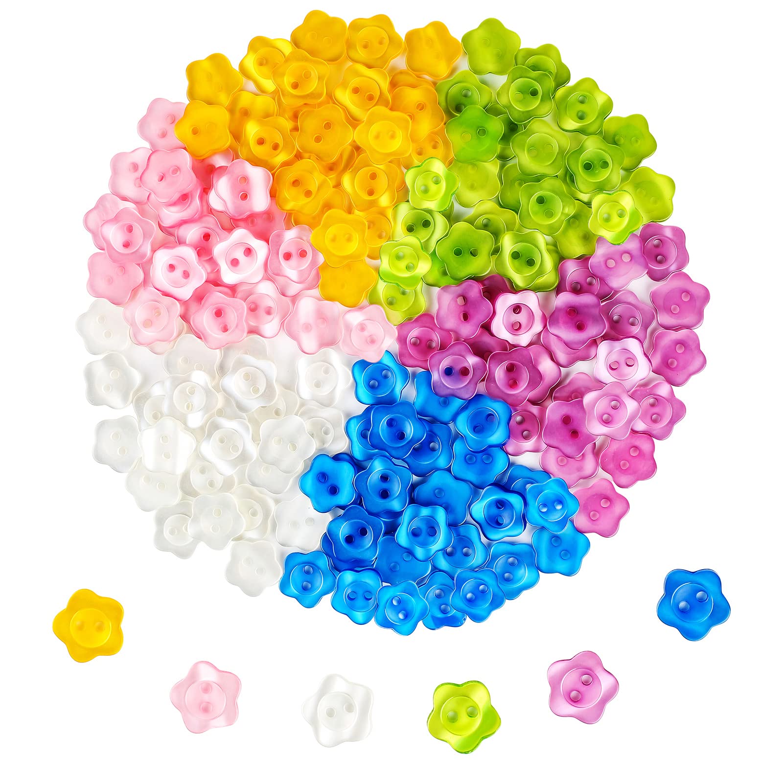 150 Pcs Flower Buttons 2 Hole Resin Button Baby Pearlescent Buttons for Knitting Cardigans DIY Handmade Sewing Crafting Decoration, 6 Colors, 14 mm