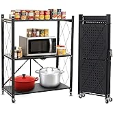 3 Tier Foldable Storage Shelf with Wheels, Heavy Duty Collapsible Metal Shelf Rack Folding Bookshelf, No Assembly Rolling Cart for Kitchen, Pantry, Closet, Office, Bathroom, Garage Organizer, Black
