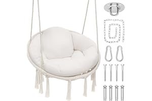 Magshion Hanging Hammock Chair with Cozy Full Cushion, Outdside Macrame Swing Chair with 350 Lbs Capacity, Ideal Accent Furniture for Living Room, Bedroom and Porch Relaxation and Enjoyment (White)