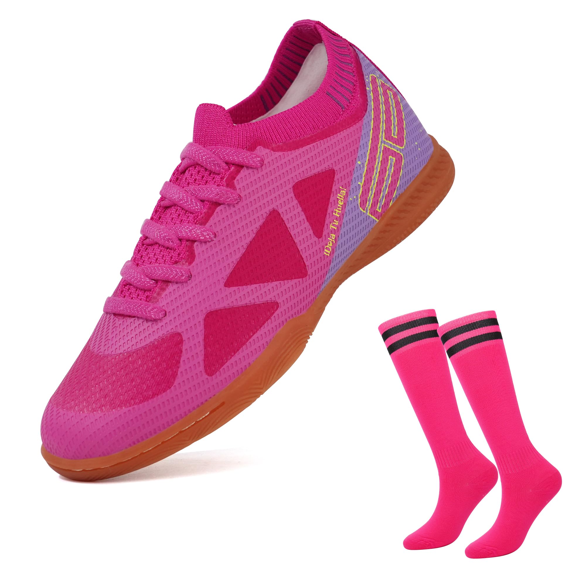 Photo 1 of brooman Kids Futsal Indoor Soccer Shoes Boys Girls Soccer Sneakers with Soccer Socks (1,Fuchsia)