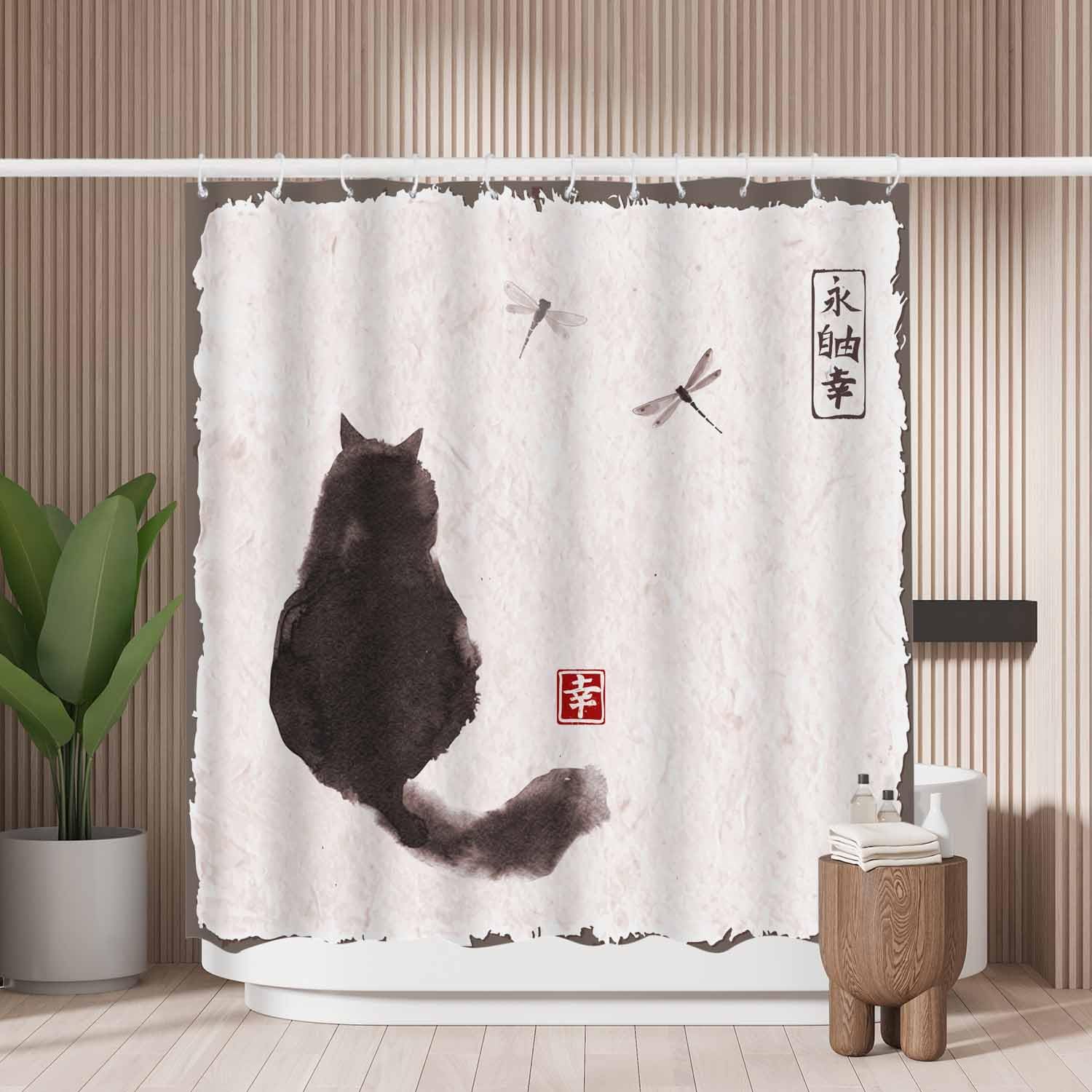 Woutay Shower Curtain Mould Proof Resistant Black Fluffy Cat,Water Repellant Fabric,Polyester,with 12 Plastic Hooks,Size 180x180CM