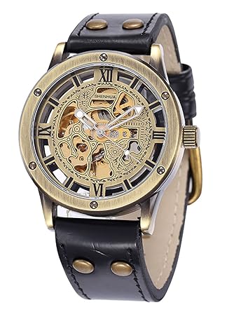 Alienwork Retro Herren Damen mechanische Automatik-Uhr Bronze mit Lederarmband schwarz