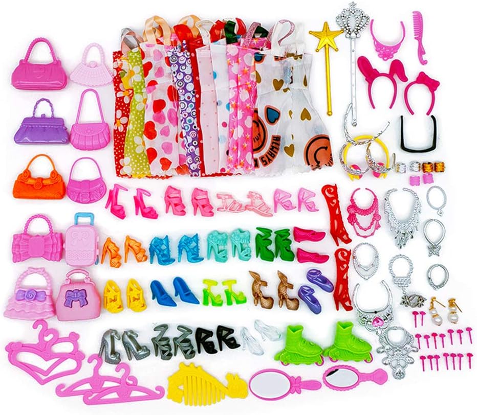 10 Set Kleid Dress 30 Stuck Schmuckzubehor Erhalten Halskette Spiegel Kleiderbugel 20 Paar Schuhe Und 10pcs Handtasche Fur 11 5 Zoll Madchen Puppen 70 Stuck Kleidung Accessories Fur Barbie Puppen