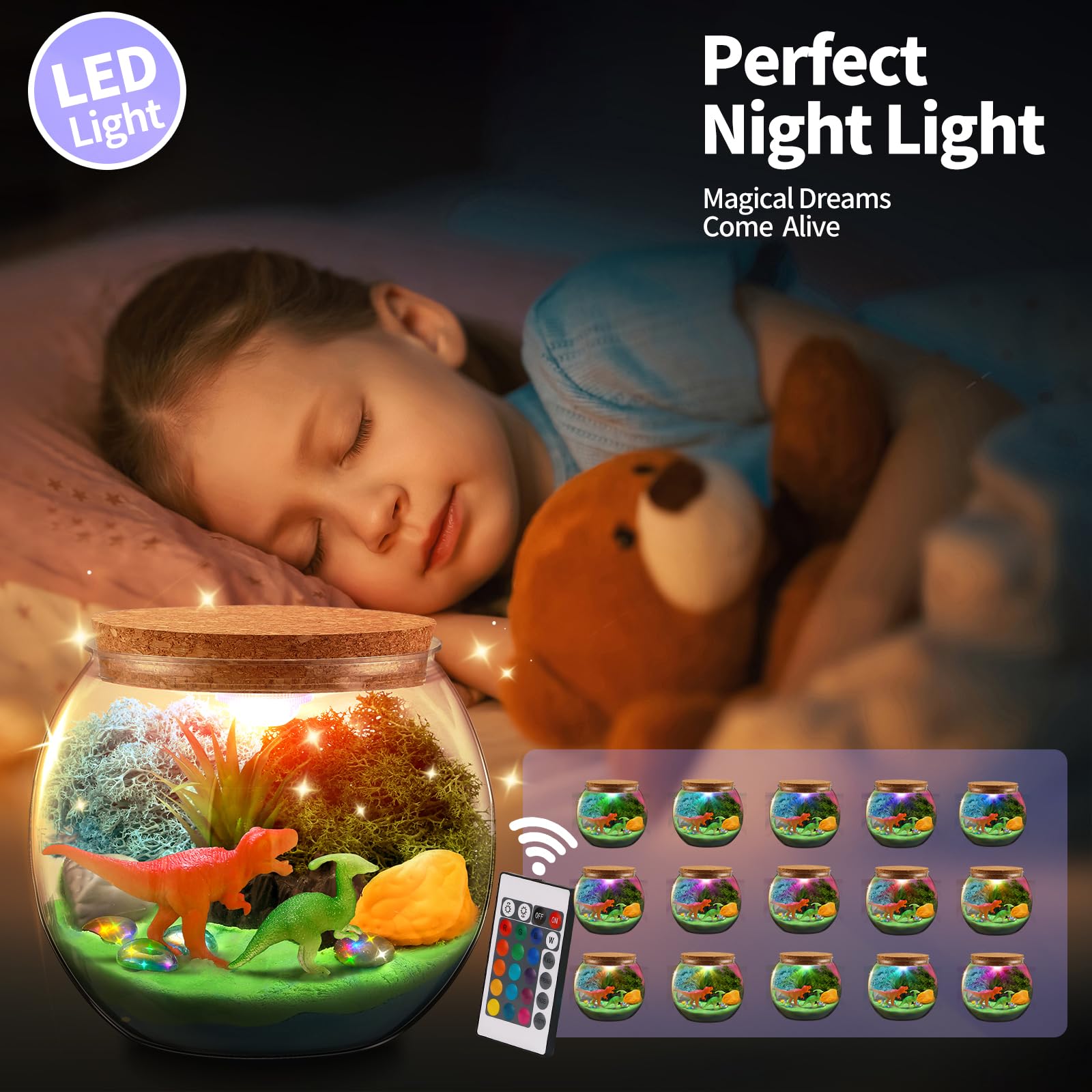 Dinosaur Terrarium Kit, Light Up Terrarium Kit Kids Crafts Toys, DIY Dino Arts and Crafts for Kids Ages 4 5 6 7 8-12 Years Old, Dinosaur Present for Boys Girls, Ideal Birthday Ideas