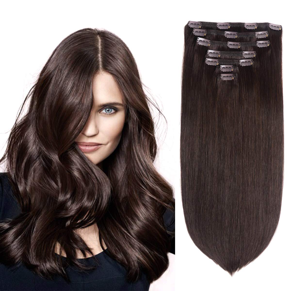18" Remy Human Hair Clip in Extensions for Women Dark Brown(#2) 7 Pieces 120grams