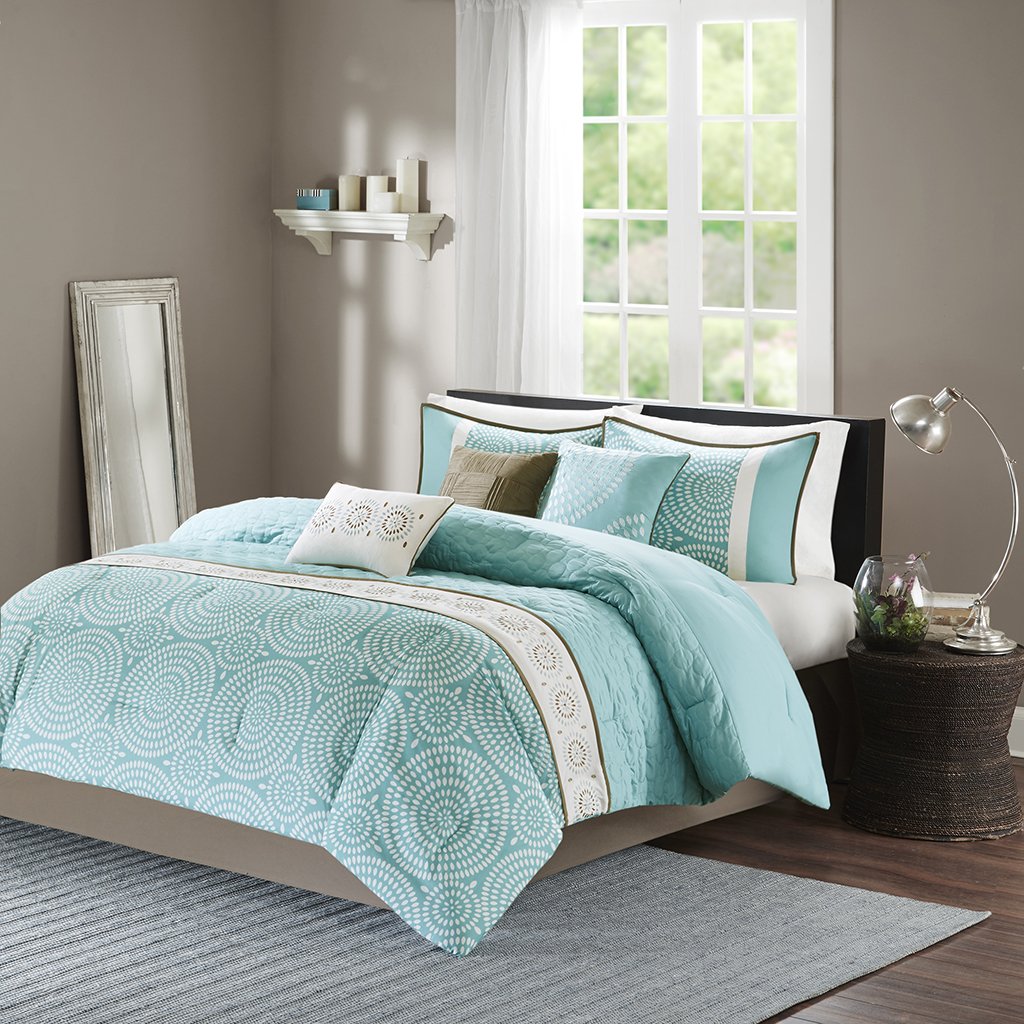 Beautiful 7 Pc Elegant Chic Light Blue Brown Modern Comforter Set King Or Queen