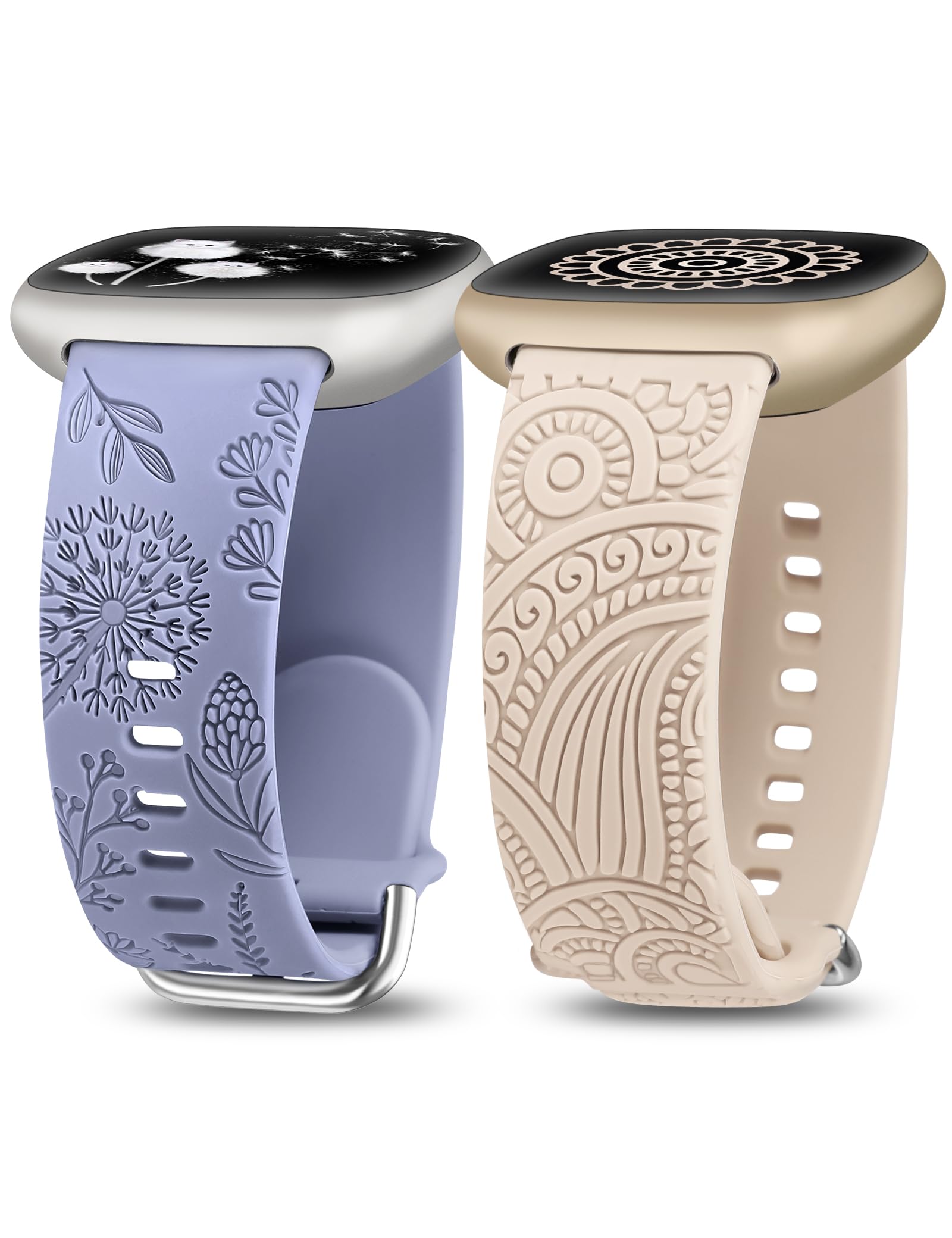 TOYOUTHS 2 Packs Floral Compatible with Fitbit Versa 4/Versa 3/Sense 2/Sense Straps, Soft Silicone Engraved Henna and Dandelion Pattern Sport Strap for Versa 3/4 Sense 1/2, Ice Blue+Starlight — image 1