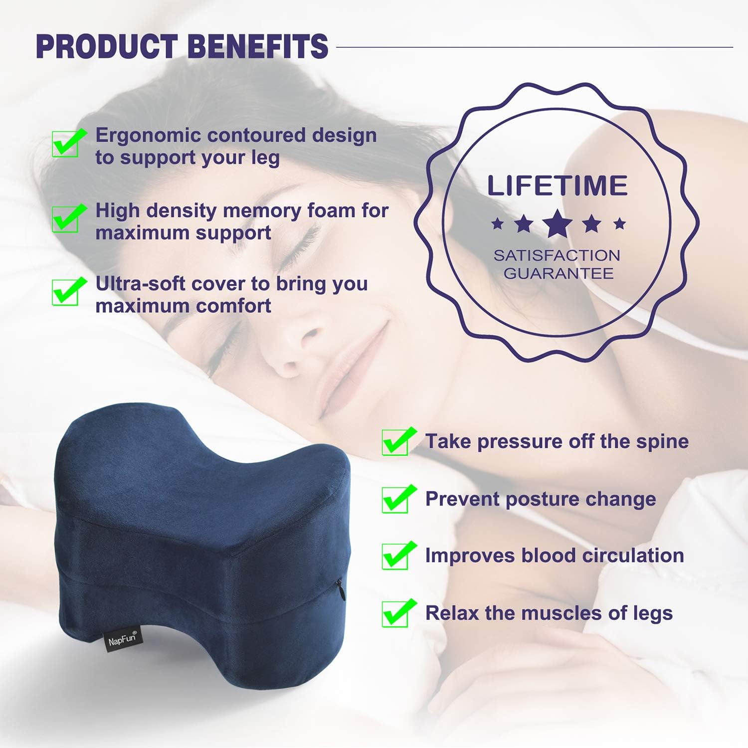 napfun Knee Pillow Between Legs for Sleeping, Orthopedic Knee Pillow for Side Sleepers&100% Pure Memory Foam Leg Pillow for Sciatica Pain Relief, Hip Pain, Back Pain, 1 Pcs, Dark Blue: Home & Kitchen