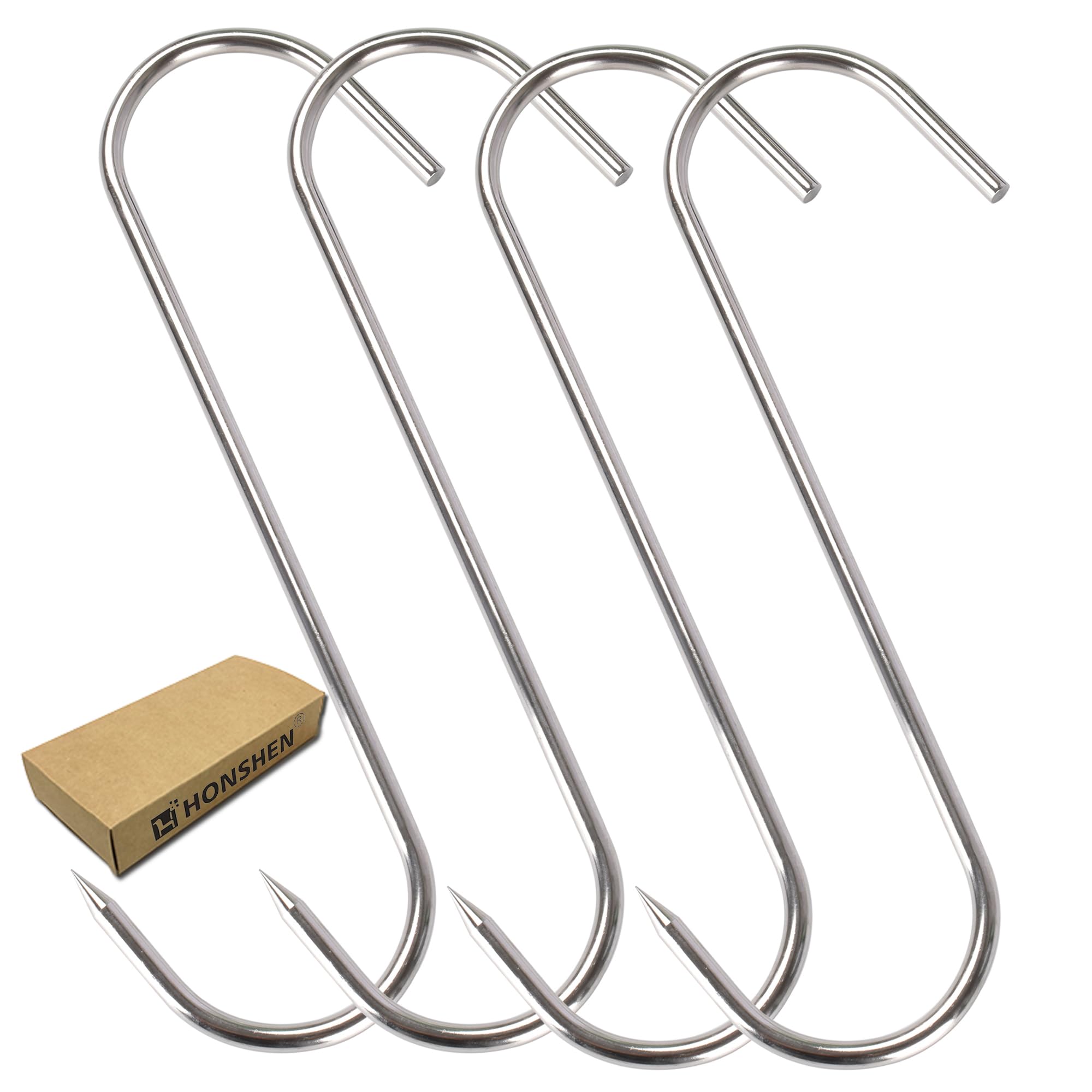 HONSHEN Meat Hook 10 Inch 6mm S-Hooks, Stainless Steel Meat Hooks for Hanging Processing Butcher Hook 4Pack