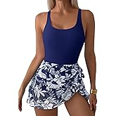 Aleumdr One Piece Swimdress Swimsuit for Women Tummy Control with Mesh Skirt Tie Knot Swim Dresses Bathing Suit