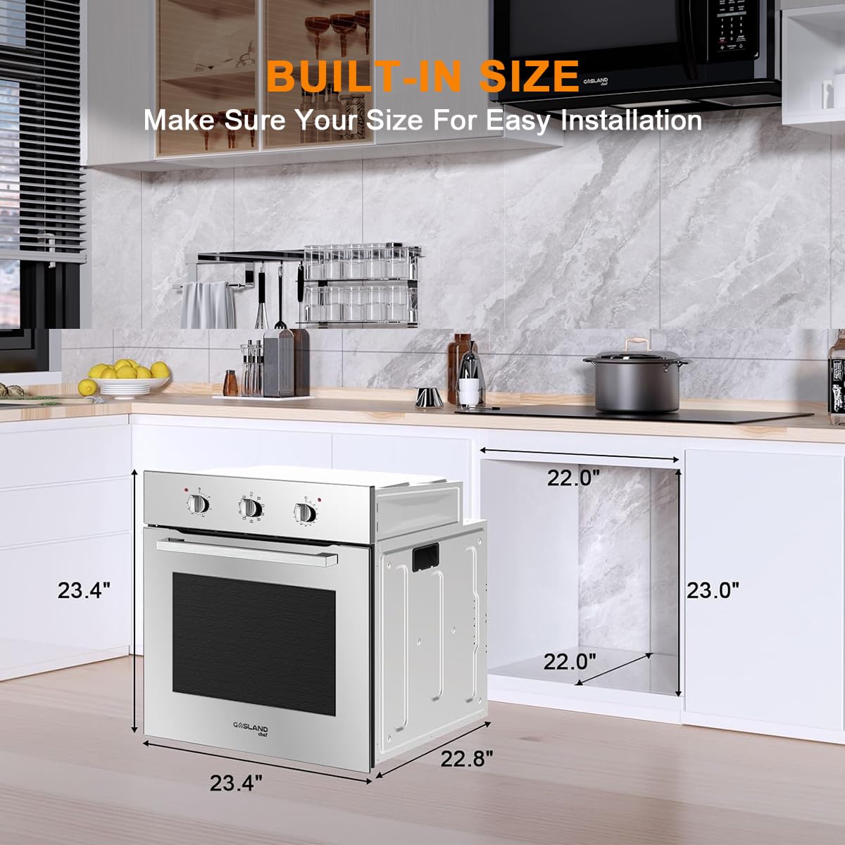 Electric Wall Ovens 24 Inch, GASLAND ES609MS Built-in Electric Wall Oven, 240V 3200W 2.3Cu.ft Convection Oven with Rotisserie, 9 Cooking Modes, Mechanical Knob Control, Stainless Steel