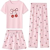 Umeyda Girls Pajamas Set, Cotton Pjs Cartoon Pattern 3PCS Sleepwear Lounge for Kids Size 5-14