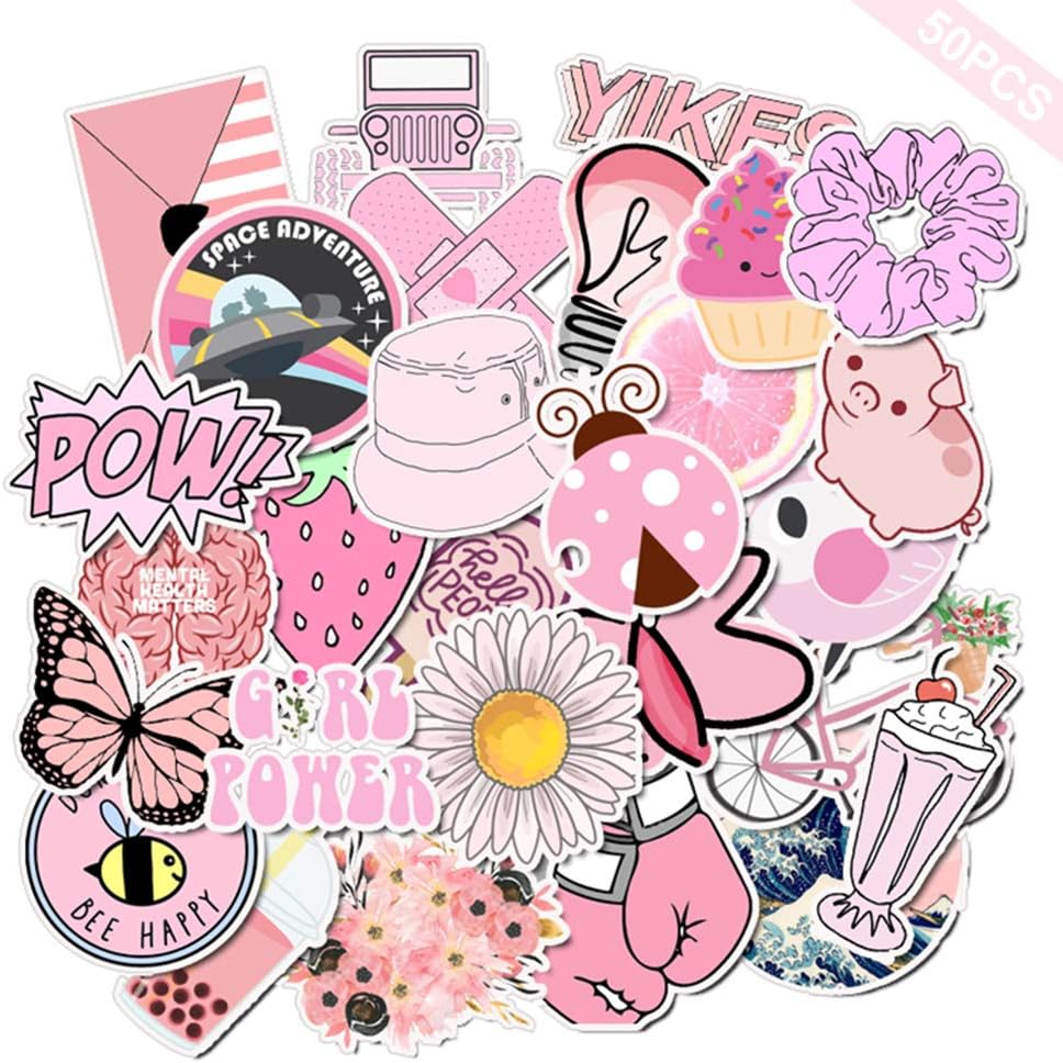Cute VSCO Stickers for Hydro Flask, Vinyl Waterproof Water Bottle Stickers for Hydroflasks, Laptop, Phone, Cute Trendy Aesthetic Pink Stickers for Teens, VSCO Girl Stuff (50 pcs)