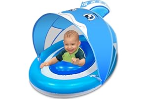 AMENON Baby Pool Float with Canopy UPF 50+ Sun Protection, Inflatable Toddler Float for Ages 6-36 Months, Infant Swimming Float with Adjustable Safety Seat Dual Air Chambers & 4-Stage Sunshade for Boys Girls