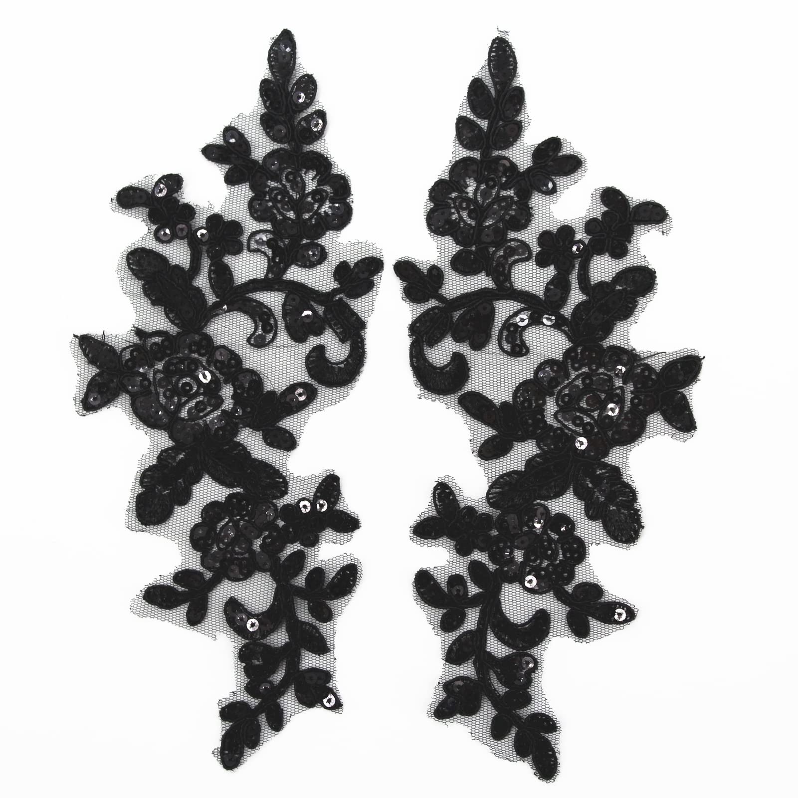 SUNMOVE 1 Pair Embroidery Sequins Lace Applique Sewing Flower Fabric Collar Applique Motif Wedding Dress Bride Crafts (Black)