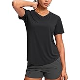 Womens Workout Tops V-Neck Short Sleeve UPF 50+ Sun Shirt Moisture Wicking Quick Dry Top for Gym, Running, Athletic