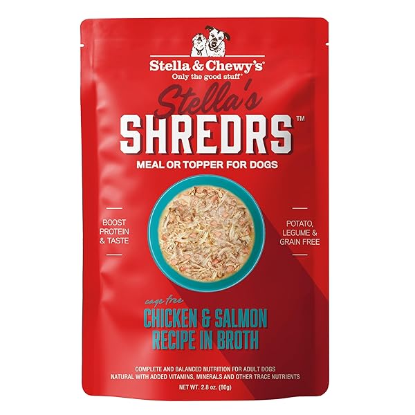 STELLA & CHEWY’S CAGE FREE CHICKEN & SALMON SHREDRS – PREMIUM DOG FOOD POUCHES – FREEZE DRIED RAW NUTRITION IN BROTH – PERFECT FOR PICKY EATERS- 12 PACK, 2.8OZ EACH