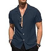 PLEPAN Men's Casual Button Down Shirts Short Sleeve Cuban Collar Shirt Summer Beach Stripe Texture Guayabera Shirts for Men