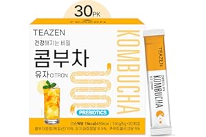TEAZEN Citron Kombucha Tea, Hydration Drink Mix, Sugar Free, Live Probiotics & Prebiotics, 30 Sticks, 5.29oz