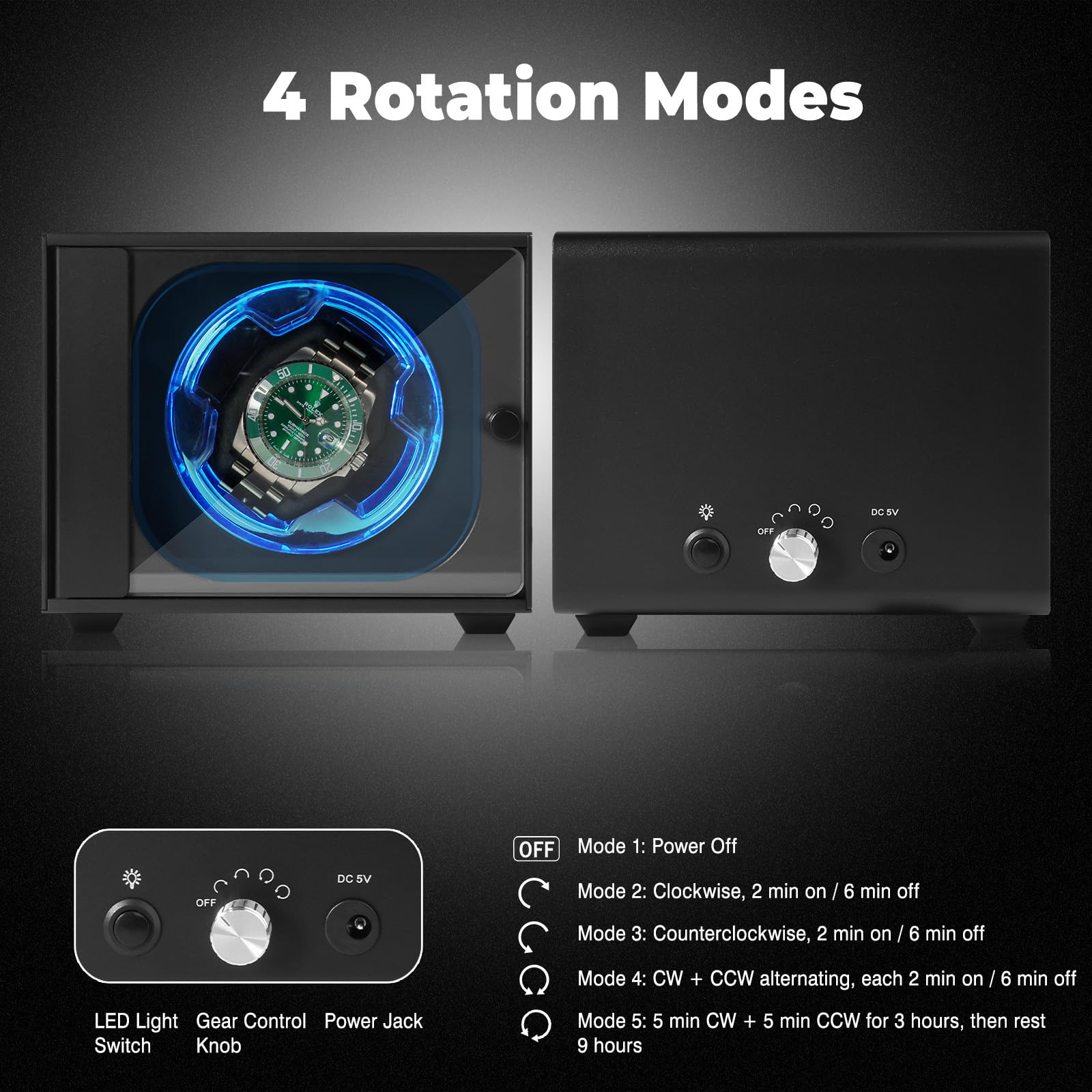 Watch Winder, Aluminum Single Automatic Watch Winder with Ultra Quiet Motor(≈0dB),Self-Winding Metal Watch Winder for Rolex and More,Blue Light,Side Open Glass Door,Gift for Watch Lovers