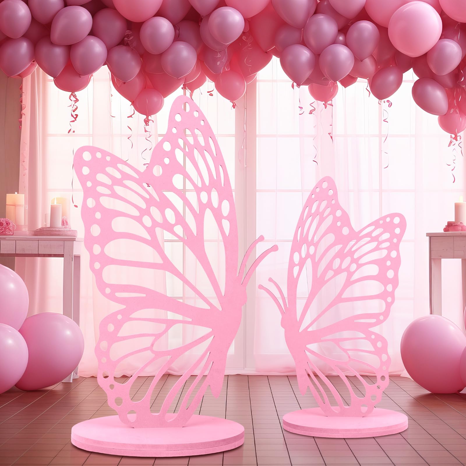Photo 1 of 2 Pcs Large Wood Butterfly Prop Pink Butterfly Wings Cutout Wooden Standing Butterfly Backdrop Princess Butterfly Prop Decoration for Baby Shower Birthday Wedding Butterfly Party, 36 Inch + 20 Inch