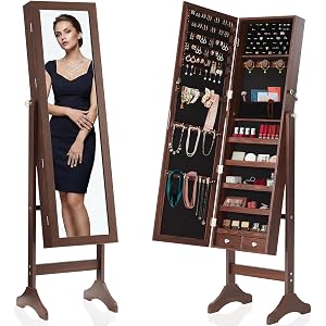 DUMOS Freestanding Jewelry Organizer Cabinet with Full Length Mirror | Standing Jewelry Armoire, Lockable, 47.3" Mirror with