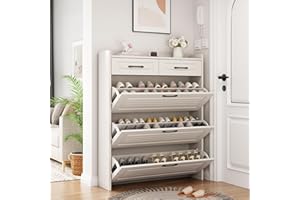 HANLIVES Hidden Shoe Cabinet for Entryway, Narrow Shoe Storage Organizer with 3 Doors 2 Drawers,4 Tier Wood Entry Shoe Cabinet,White Flip Down Shoe Rack for Hallway,Apartment